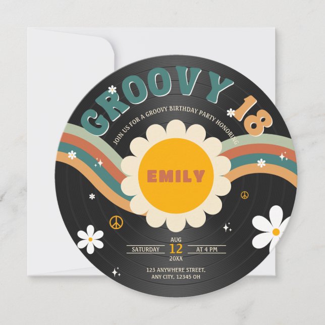 Convites Groovy Chic Retro Vinyl Record 18º Aniversário (Frente)