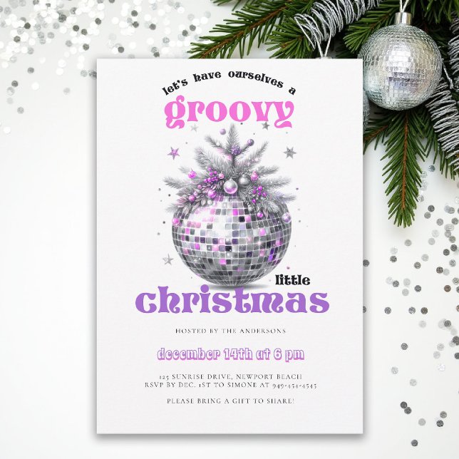 Convites Groovy Christmas Disco Ball Pink Christmas Party (christmas party invitation corporate business disco ball groovy 70s hot pink black elegant fun)