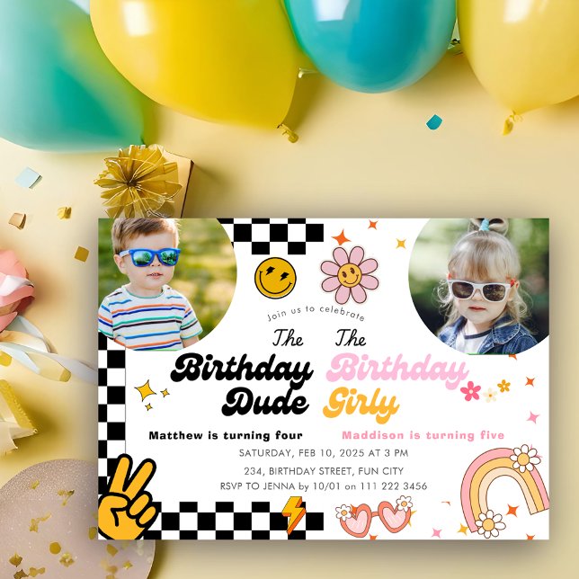 Convites Groovy Combinado de Aniversário Duplo (Joint Birthday Groovy Combined Sibling Double Invitation)