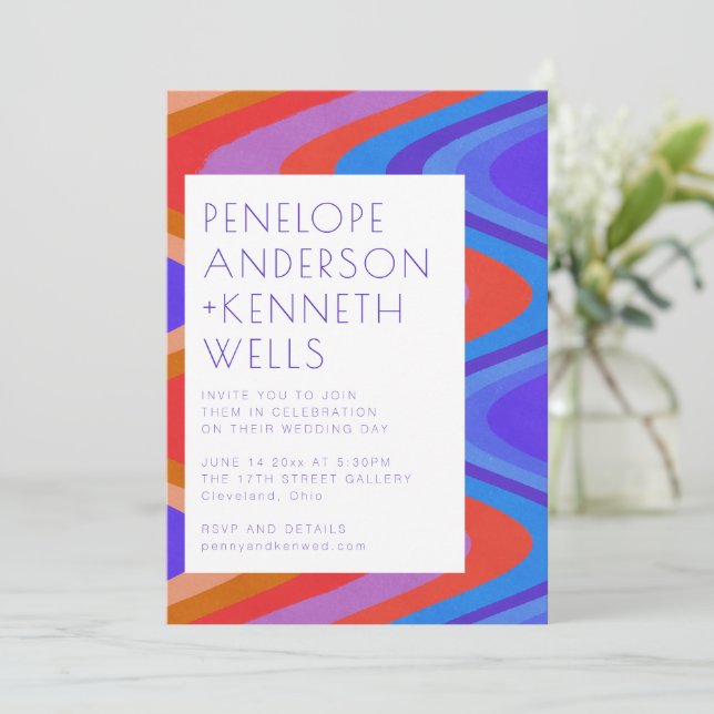Convites Groovy Curvy Lines Unique Retro Blue Red Casamento (Em pé/Frente)