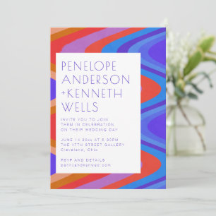 Convites Groovy Curvy Lines Unique Retro Blue Red Casamento