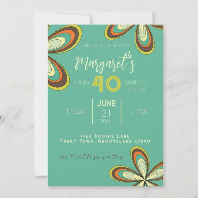 Convites Groovy Cyan 40 Festa de aniversário 70s Flor Hippi (Frente)