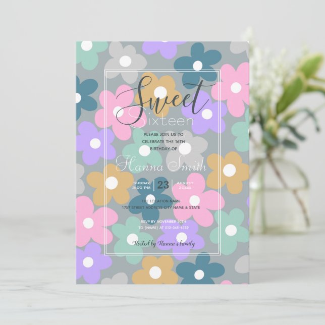 Convites Groovy Daisy Flowers Cinza Retro Boho Floral (Em pé/Frente)