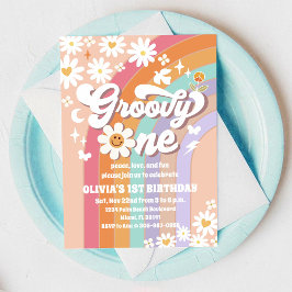 Convites Groovy Daisy Rainbow 1st Birthday Invitation
