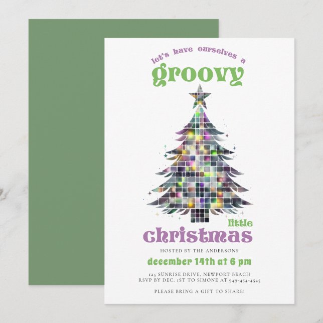 Convites Groovy Disco Tree Retro Green - Festa de Natal Ros (Frente/Verso)