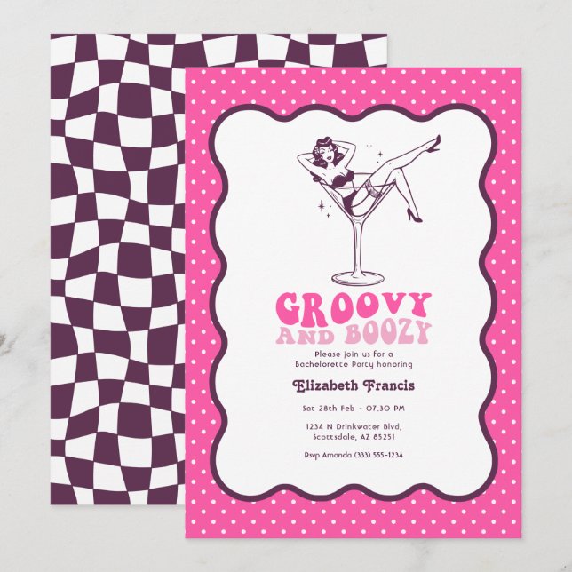 Convites Groovy e Boozy Despedida de Solteira Retro Pink Ma (Frente/Verso)