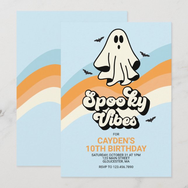 Convites Groovy Fantasma retro Halloween Vibrações Assustad (Frente/Verso)