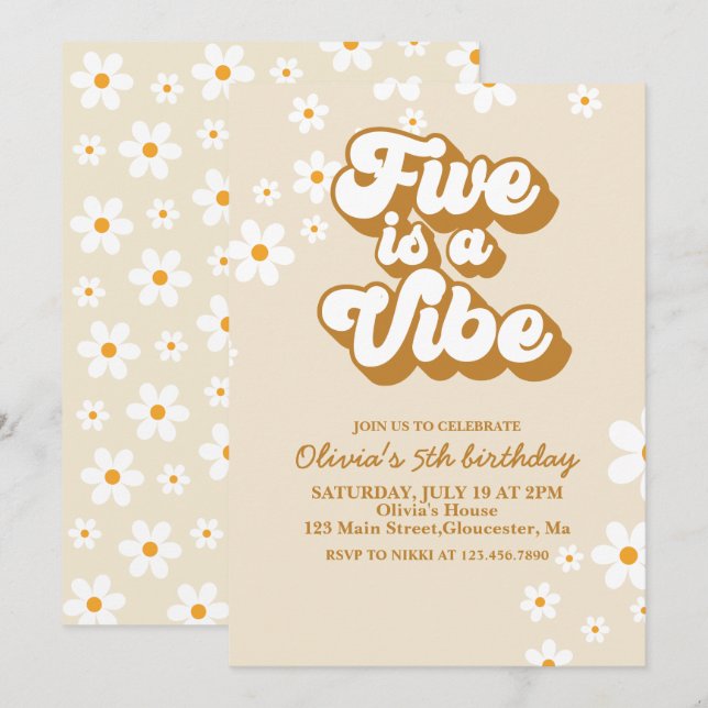 Convites Groovy Five é um clima Retro Daisy 5º Aniversário (Frente/Verso)