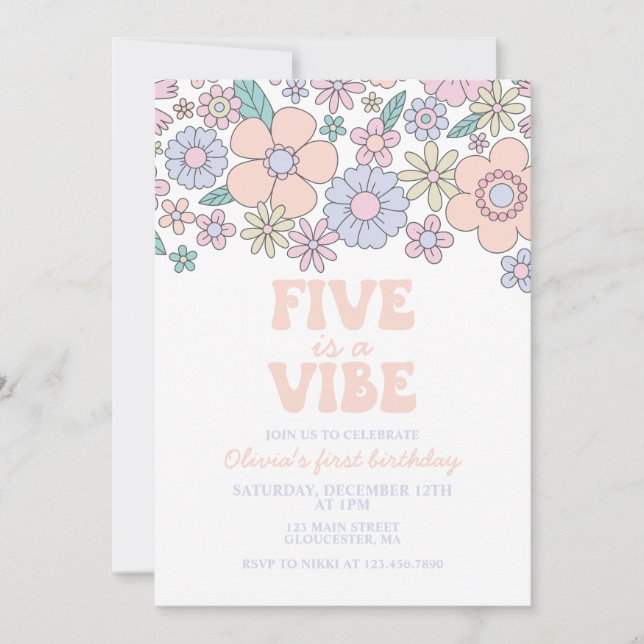 Convites Groovy Five é um Vibe Retro Floral 5º aniversário (Frente)