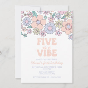 Convites Groovy Five é um Vibe Retro Floral 5º aniversário