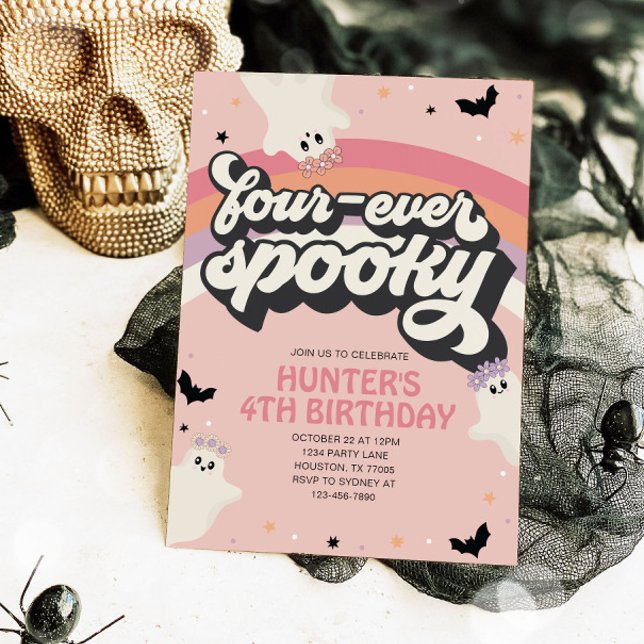 Convites Groovy Fouore Spooky Girl 4º aniversário Halloween (Criador carregado)