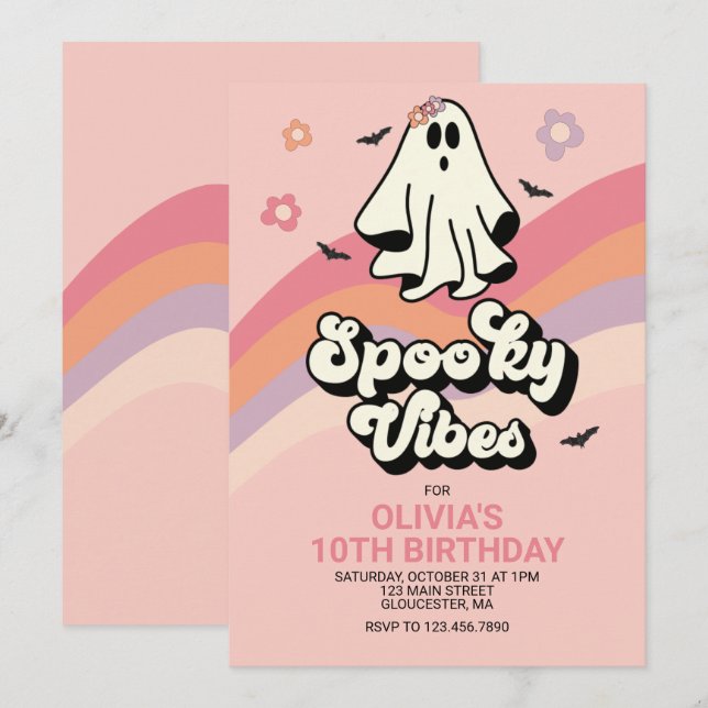Convites groovy Ghost retro Halloween Aniversário (Frente/Verso)