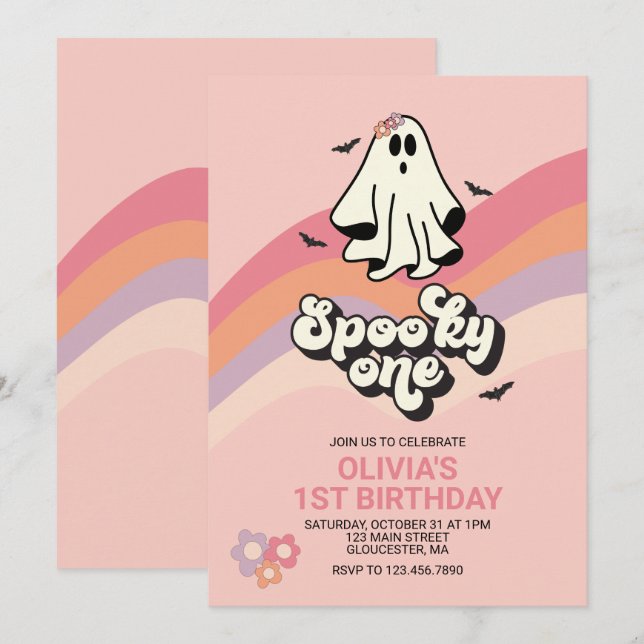 Convites Groovy Ghost retro Halloween Spooky Um Aniversário (Frente/Verso)