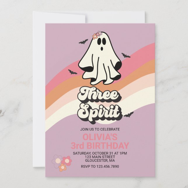 Convites Groovy Ghost retro Halloween Três Espírito Anivers (Frente)
