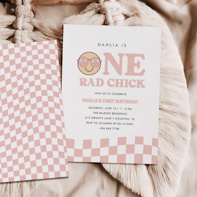 Convites Groovy Girl Checked Happy Face | Aniversário (Criador carregado)