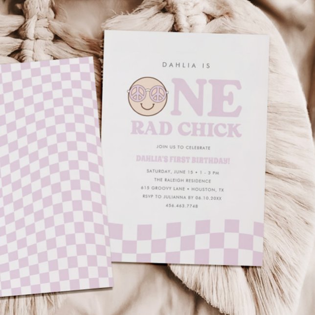 Convites Groovy Girl Checked Happy Face | PRIMEIRO ANIVERSA (Criador carregado)