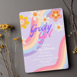 Convites Groovy Girl Retro Rainbow baby chá