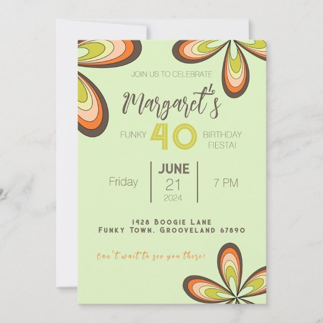 Convites Groovy Green 40 Festa de aniversário 70s Flor Hipp (Frente)