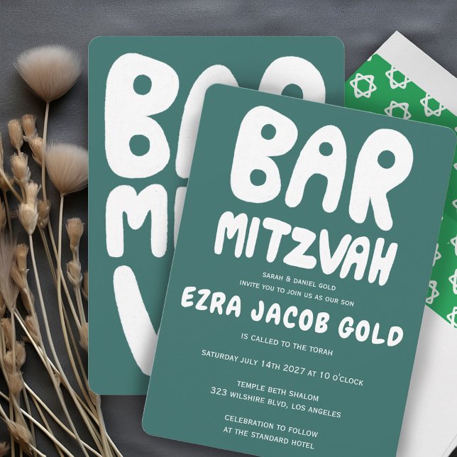 Convites Groovy Handlettering Bar Personalizado Bnai Mitzva (Groovy Handlettering Custom Bar Mitzvah Teal Green Invitation Minimalist Simple)