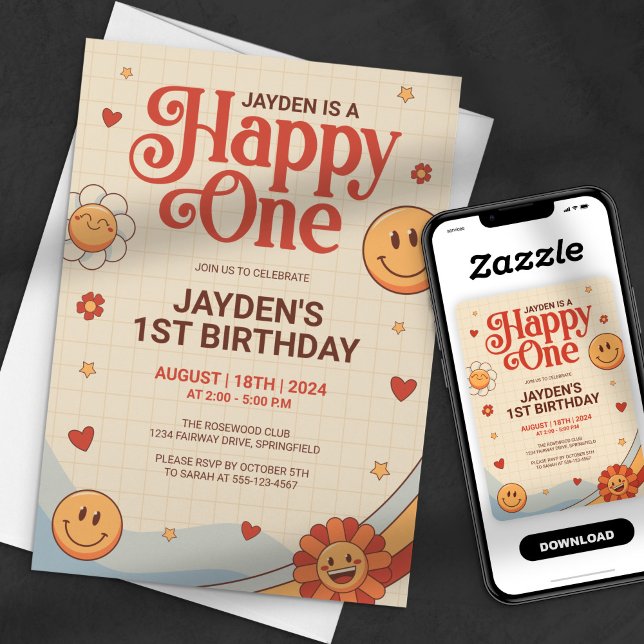 Convites Groovy Happy One Y2k Feliz Aniversário (Criador carregado)