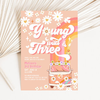 Convites Groovy Jovem Selvagem e Três Daisy Aniversário de