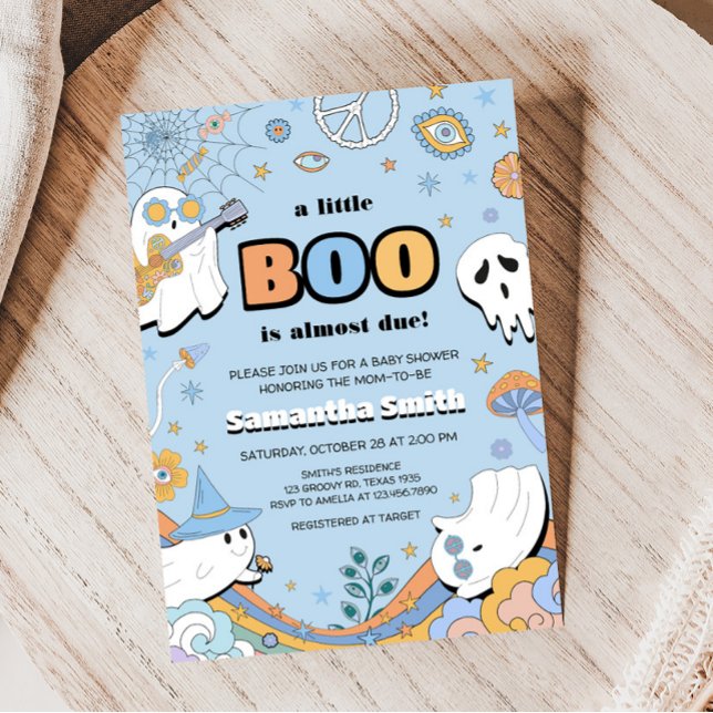 Convites Groovy Little Boo Halloween Chá de fraldas (Spooky Boy Ghost Baby Shower Invitation)