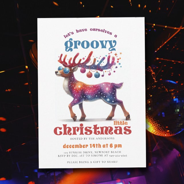 Convites Groovy Little Disco Reindeer Festa de Natal Engraç (groovy little christmas party hippie disco reindeer 70s nostalgia retro vintage invitation)