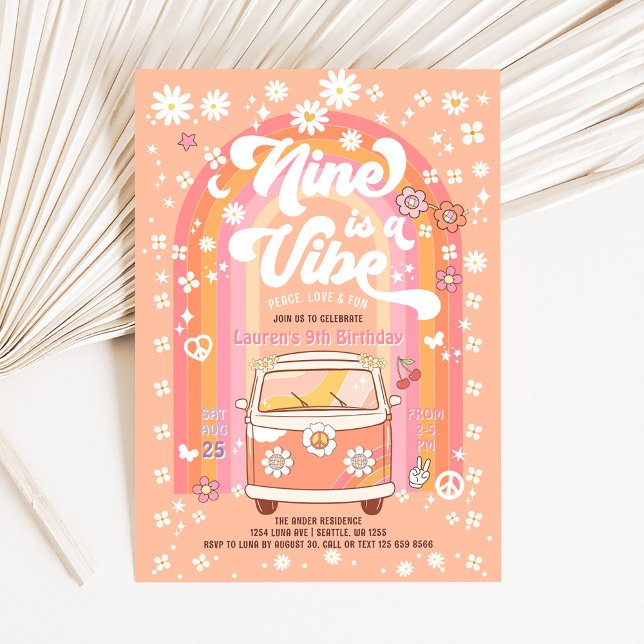 Convites Groovy Nine é um Vibe Van Bus 9º aniversário (Criador carregado)