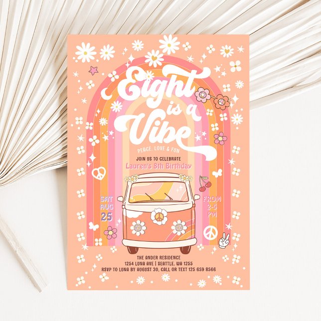 Convites Groovy Oito é um Vibe Van Bus 8º aniversário (Criador carregado)