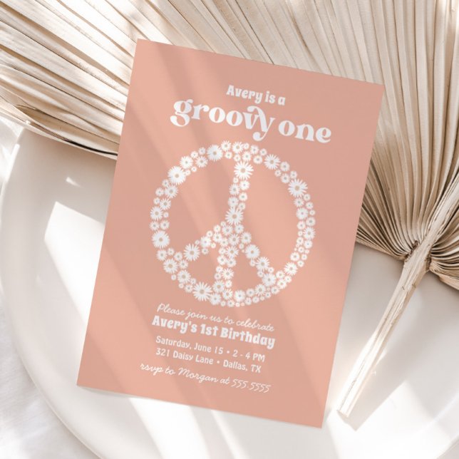 Convites Groovy One 70s Pink Daisy primeiro aniversario Par (Criador carregado)