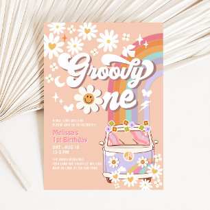 Convites Groovy ONE Aniversário de 1 ano Hippie 70's Retro