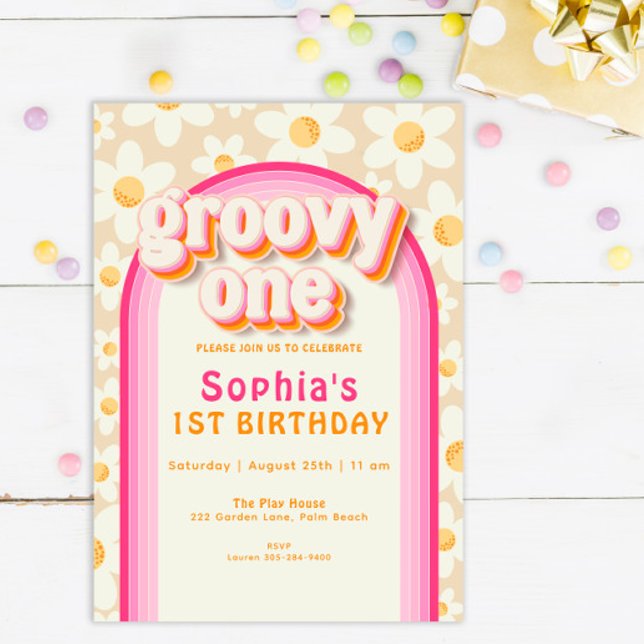 Convites Groovy One Boho Daisy Rainbow primeiro aniversario (Criador carregado)