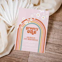 Convites Groovy One boho margarida arco-íris primeiro anive