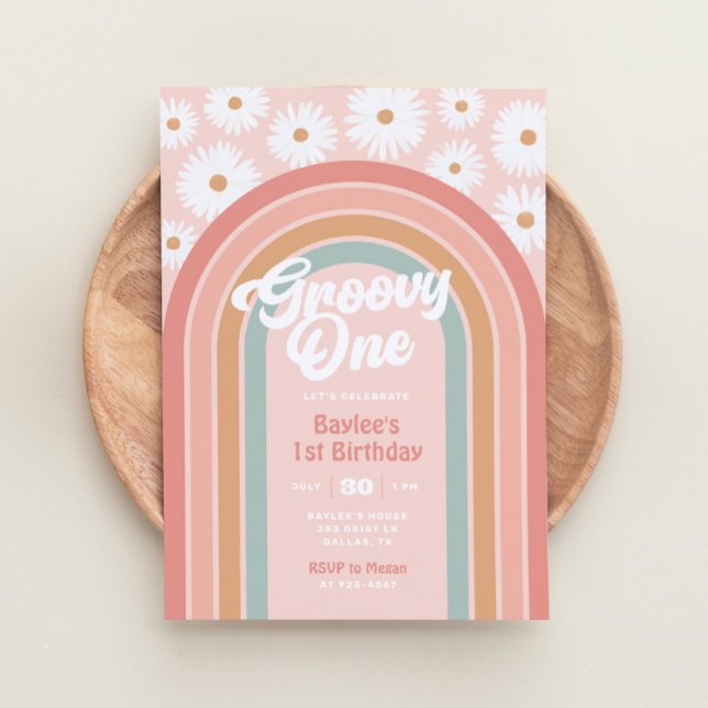 Convites Groovy One Boho Retro Daisy Party - primeiro anive (Criador carregado)