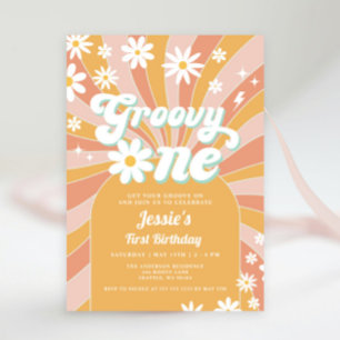 Convites Groovy One Boho Retro Daisy Sunshine primeiro aniv