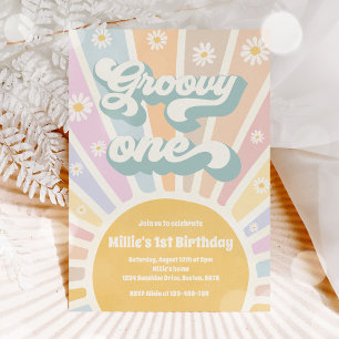 Convites Groovy One Boho Sunshine Daisy Festa de aniversár