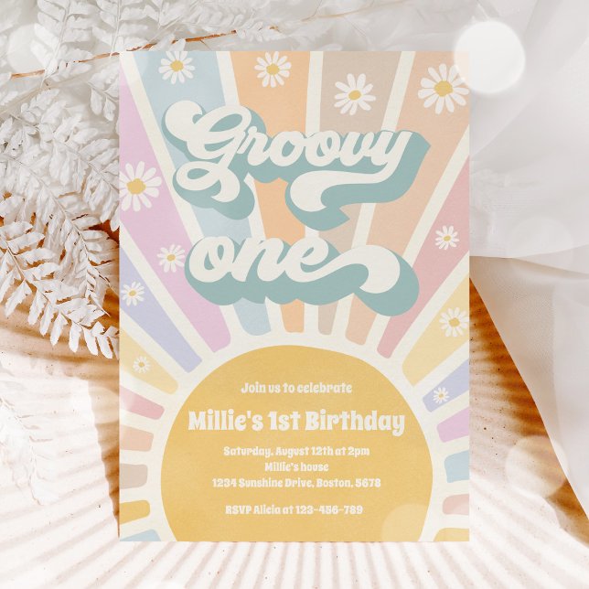 Convites Groovy One Boho Sunshine Daisy Festa de aniversári (Criador carregado)