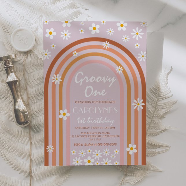 Convites Groovy One Daisy Boho primeiro aniversario Arco-Ír (Criador carregado)