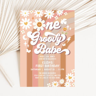 Convites Groovy ONE Daisy Rainbow Bege 1º Aniversário