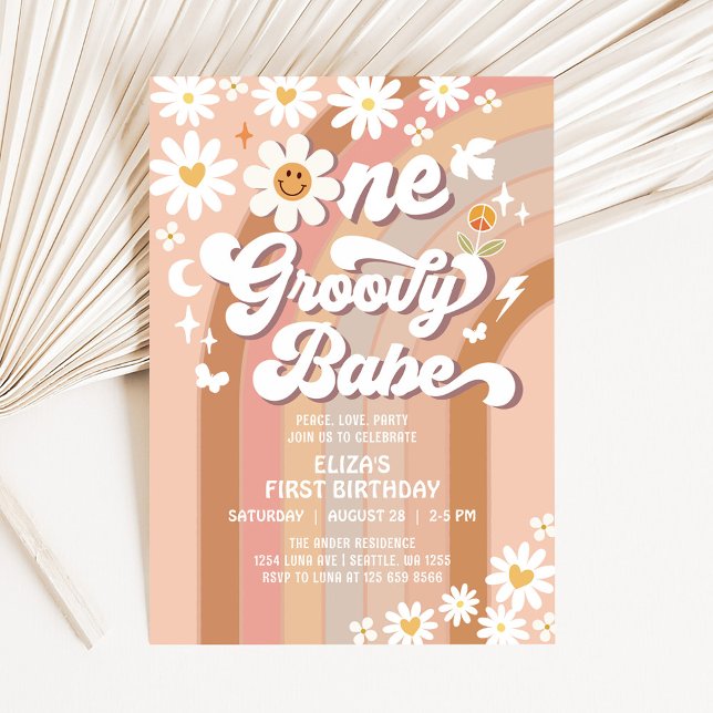 Convites Groovy ONE Daisy Rainbow Bege 1º Aniversário (Criador carregado)