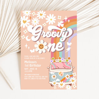 Convites Groovy ONE Daisy Rainbow primeiro aniversario de H