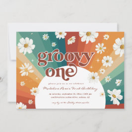 Convites Groovy One First Birthday | Retro Daisy Rainbow