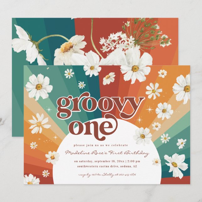 Convites Groovy One First Birthday | Retro Daisy Rainbow (Frente/Verso)