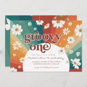 Convites Groovy One First Birthday Retro Daisy Rainbow