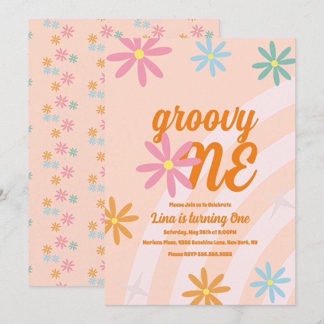 Convites Groovy One Floral First Birthday Retro Party (Frente/Verso)