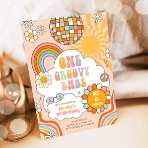 Convites Groovy One Girl Retro 70s primeiro aniversario Arc