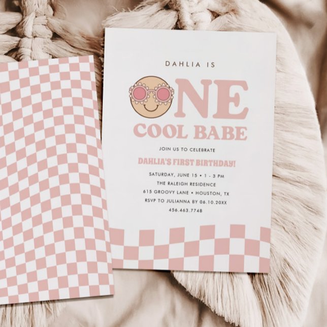 Convites Groovy One Girls Checked Happy Face | Aniversário (Criador carregado)