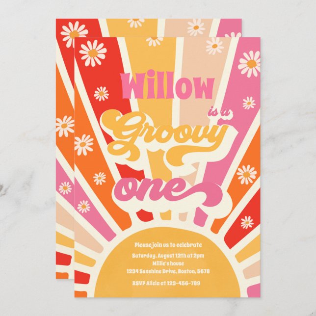 Convites Groovy One Hippie primeiro aniversario Sunshine Da (Frente/Verso)