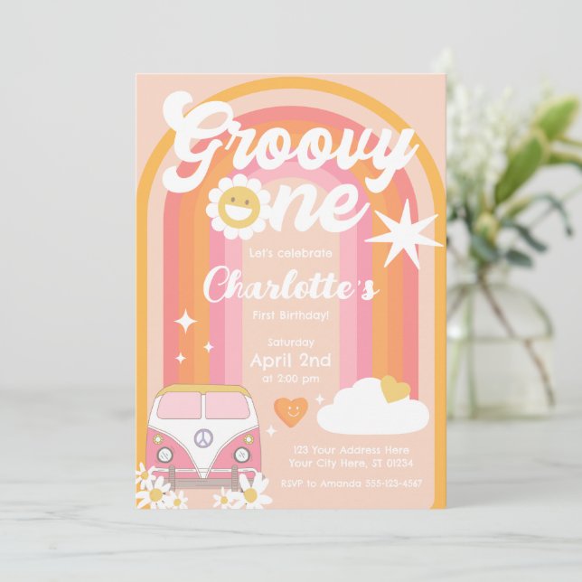 Convites Groovy One Invitation, Groovy Birthday (Em pé/Frente)
