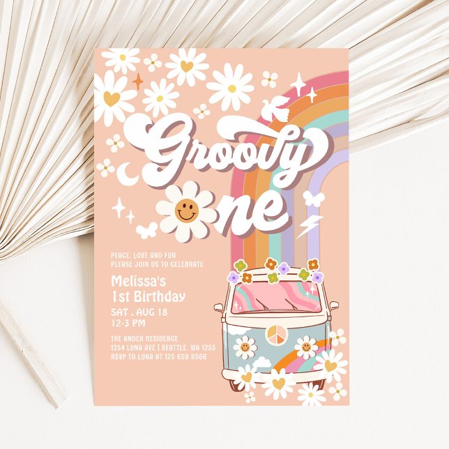 Convites Groovy ONE Margarida Arco-íris Hippie 70's 1º Aniv (Criador carregado)